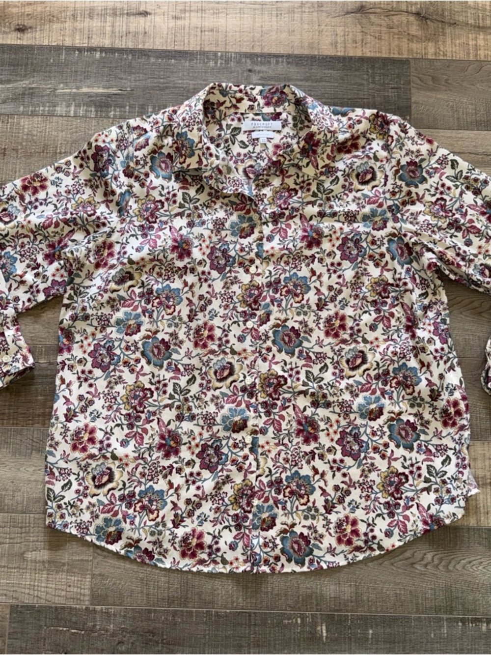 Foxcroft 18W Floral Button-Up Shirt in Cream, Burgundy & Teal